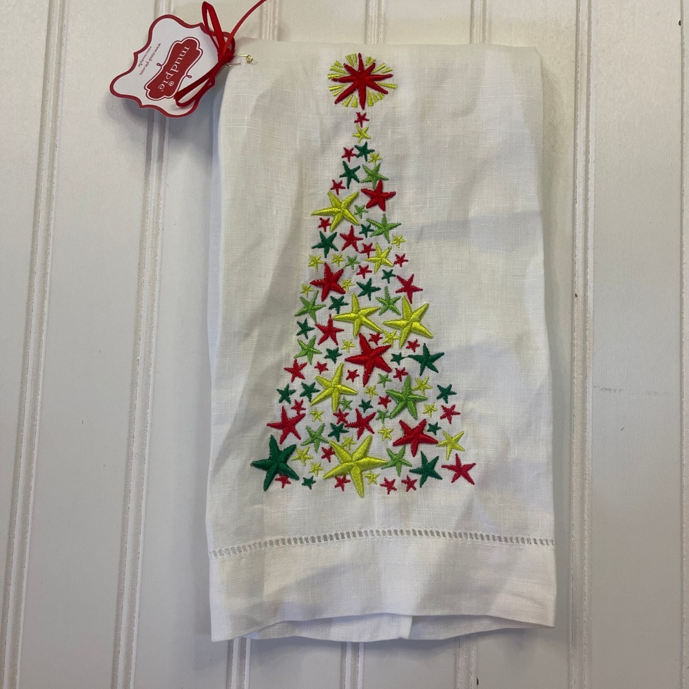 NWT Mud Pie Christmas Tree Star Embroidered White Linen Hand Towel Holiday Decor